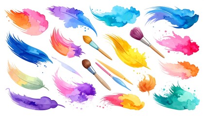 Set of colorful watercolor brushstrokes and splatters
