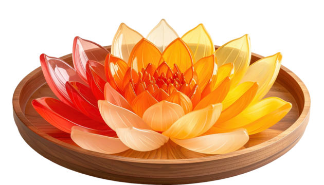 Translucent orange lotus blossom in a wooden bowl, petals radiating light and color on a black backdrop