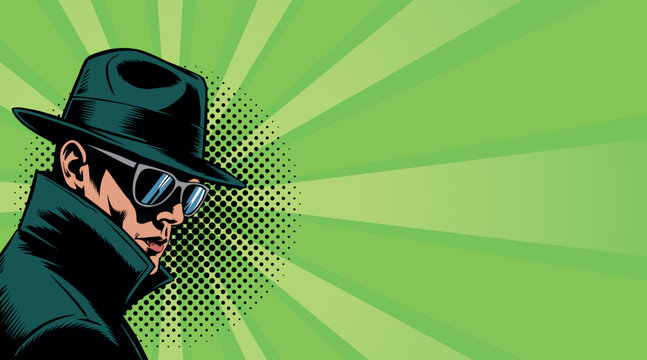 A pop art spy peeks out from around a corner. Comic book style pop art.