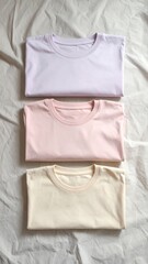 Three pastel-colored, folded t-shirts, arranged vertically on a textured cloth
