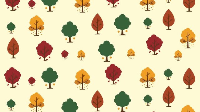 Flat Autumn Forest Pattern with Multicolored Trees and Falling Leaves on Light Beige Background