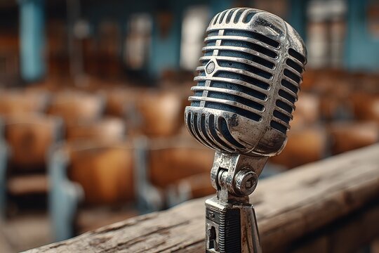 Close-up of a classic, vintage silver microphone on a stage, with rows of out-of-focus wooden theater seats in the background, creating anticipation.