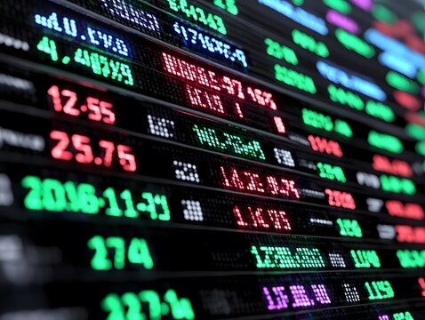 close-up view of an electronic stock market ticker display