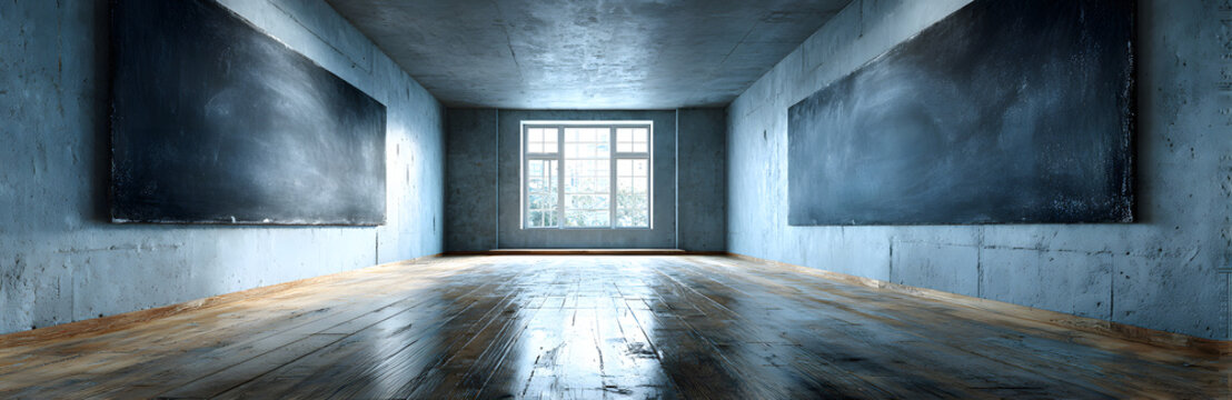 Blank wide screen Real chalkboard background texture in college concept for back to school panoramic wallpaper for black friday white chalk text draw graphic. Empty surreal room wall blackboard pale.