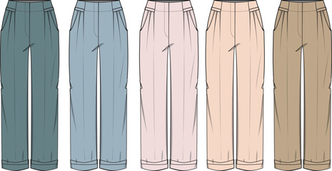 A colorful collection of women's pleated straight-leg trousers with cuffs, isolated vector fashion flat sketches for apparel design © Tanzila