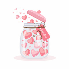 Cute glass jar filled with pink hearts and tag “With love”. Romantic Valentine’s Day vector illustration for greeting cards, posters, invitations, and love design.