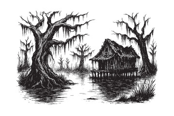 Hand-drawn swamp cabin vector illustration in sketch and ink style, great for storytelling, landscape prints, or rustic scene design.