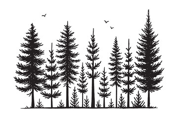 Obraz premium Hand-drawn pine forest sketch vector with clean black ink lines, ideal for outdoor posters, eco logos, or nature-themed designs.