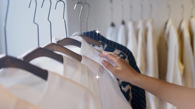 Close-up video of a hand arranging minimalist shirts on a clothes hanger.