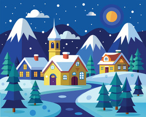 Naklejka premium Winter Snowy Village Night Scene Vector