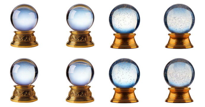 Mystical Glass Orbs with Decorative Stands for Fortune Telling, Isolated on Transparent, white background