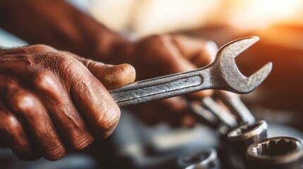 Close up on a mechanic's hands holding a wrench over an engine. The experienced hands show dedication and skill in auto repair. Ideal for car service promotions or maintenance guides.