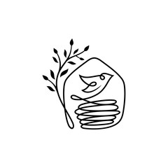 simple line design logo of bird and nest with tree branch and leaf decoration