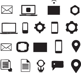 Collection of black and white icons representing technology and communication