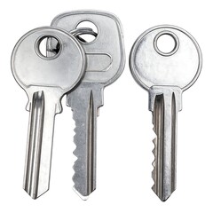 Silver metal keys set on a bright white background