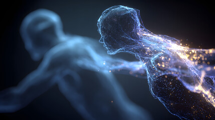 digital human figures made of particles and light trails, abstract technology background with glowing data visualization, virtual identity and network connection concept in neon gradient style
