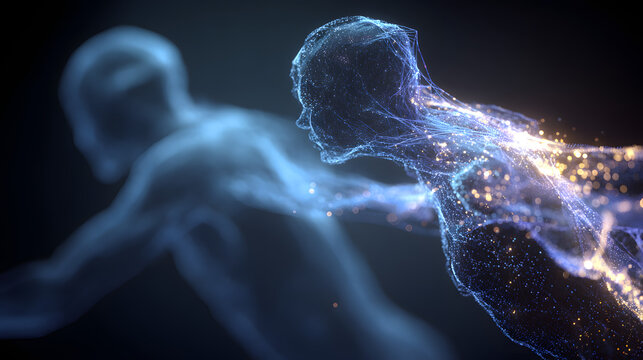 digital human figures made of particles and light trails, abstract technology background with glowing data visualization, virtual identity and network connection concept in neon gradient style - Powered by Adobe