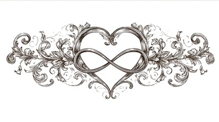 Sophisticated Vector Graphic Merging Ornate Love Heart and Infinity Emblem with Decorative Calligraphy for Timeless Romantic Prints