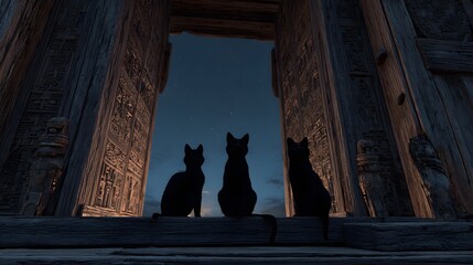 Silent Guardians: Sleek Midnight Cats Before a Weathered Timber Portal with Enigmatic Carvings Under Fading Twilight