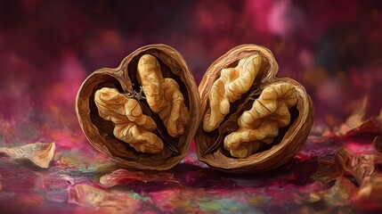 Romantic Walnut Heart: A Detailed Artistic Composition of Two Walnut Halves Merging into a Heart with Vibrant Textures and a Whimsical Ambiance