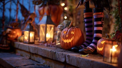 Magical Twilight Halloween Display Showcasing an Artfully Carved Pumpkin and Whimsical Striped Witch Stockings with Inviting Mysterious Energy
