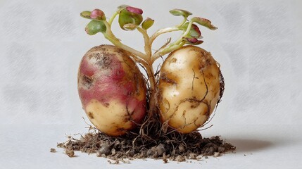 Imaginative Photorealistic Vision of an Oddly Fused Organic Potato Pair from a Home Garden Illustrating the Neglected Theme of Unsellable Produce and Food Waste