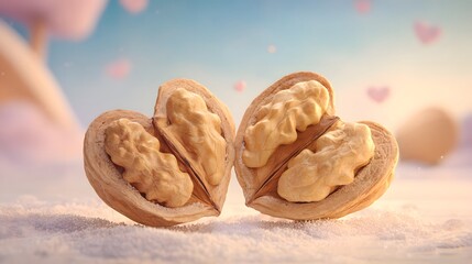 Whimsical Walnut Expression of Love: An Exquisite Illustration of Two Half Walnuts Forming a Heart Amid a Dreamy Pastel Backdrop