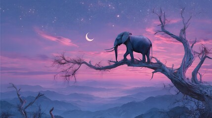 A Majestic Elephant Perched on a Withered Tree Branch in a Dreamlike Twilight Landscape with Ethereal Magic and Grace
