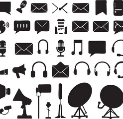 Collection of Communication and Media Icons: Microphones, Envelopes, and More