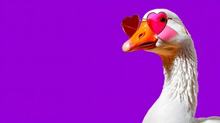 Detailed illustration of a playful goose in heart-shaped sunglasses on a rich purple plain background with ample copy space, evoking humor and romance for a Valentine's celebration