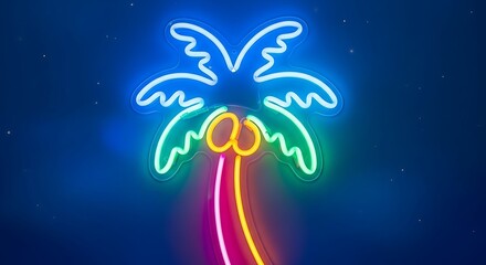 A vibrant neon sign depicting a palm tree with a colorful trunk against a dark blue background.