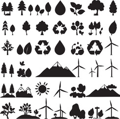 Collection of Nature and Eco-Friendly Icons: Trees, Mountains, Wind Turbines, and More