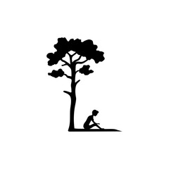 logo illustration of a man sitting pensively under the shade of a tree