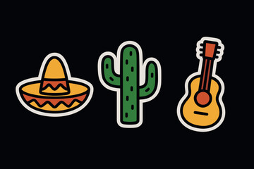 Fototapeta premium Bright mexican icons sombrero, cactus, and guitar on black background