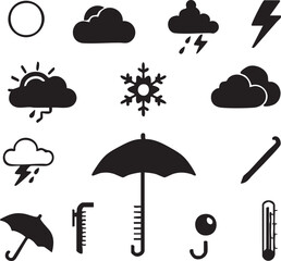 Collection of Weather Icons: Sun, Clouds, Rain, Snow, Lightning, Umbrella, Thermometer