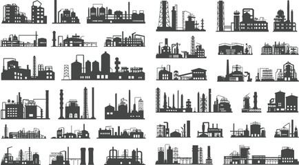 Obraz premium Industrial factory silhouettes, black icons, refinery buildings, power plants, chemical structures, manufacturing units, urban industry, cooling towers, chimneys, piping systems
