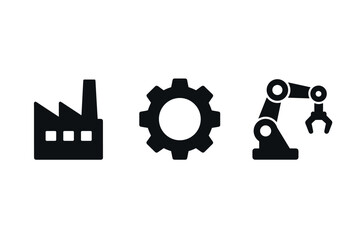 Obraz premium Silhouette icons of factory, gear, and robotic arm for industry themes