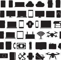 Diverse Collection of Black and White Technology and Gadget Icons