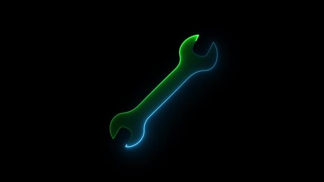 Neon green and blue glowing wrench icon, on dark background, futuristic digital repair tool, blue light technology symbol.