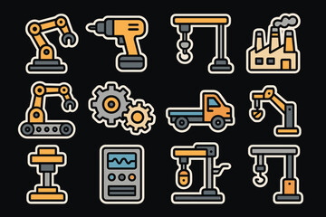 Industrial equipment icons robotic arm, drill, conveyor, truck, factory in modern flat style