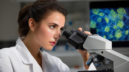 Naklejka premium Drug discovery microscope view: scientist peering at cells, breakthrough focus, lab intensity, photorealistic candid by a pharma research photographer.