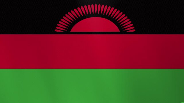The flag of Malawi, featuring horizontal stripes of black, red, and green with a rising red sun on the black stripe.