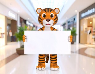 Obraz premium Cute Tiger Mascot Holding Blank Sign In Shopping Mall, Cartoon Animal With Copy Space