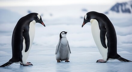 Obraz premium Gentoo penguin parents and chick on ice.