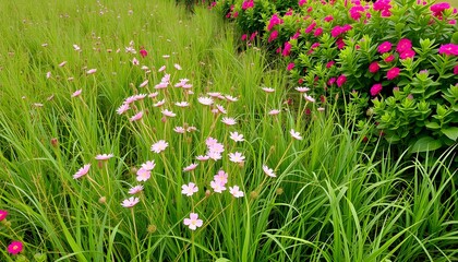 Lush green field with delicate pink flowers blooming amongst tall grass, alongside vibrant pink flowering bushes, creating a colorful natural scene.