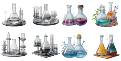 Laboratory Equipment Set Featuring Various Glass Flasks and Beakers, isolated on transparent background