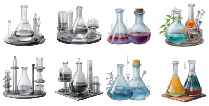 Laboratory Equipment Set Featuring Various Glass Flasks and Beakers, isolated on transparent background