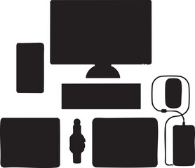 Silhouette of computer, tablet, phone, mouse, and keyboard on white background