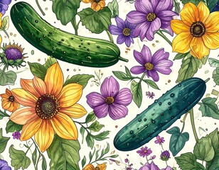 Watercolor floral seamless pattern with cucumbers and vibrant flowers