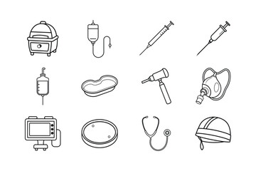 Medical Tools and Nurse Equipment Line Art Vector Set